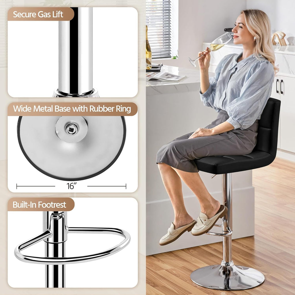Yaheetech Bar Stools Set of 4, PU Leather Swivel Barstools, Height Adjustable Counter Chairs with Back for Bar Kitchen Island Dining Room, 300lb Capacity, Black