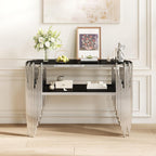 Modern Oval Console Table, 47 Inch Silver Sofa Tables with 2-Tier Black Tempered Glass Shelves & Polished Stainless Steel Frame Accent Side Table for Hallway Living Room (Silver+Black)