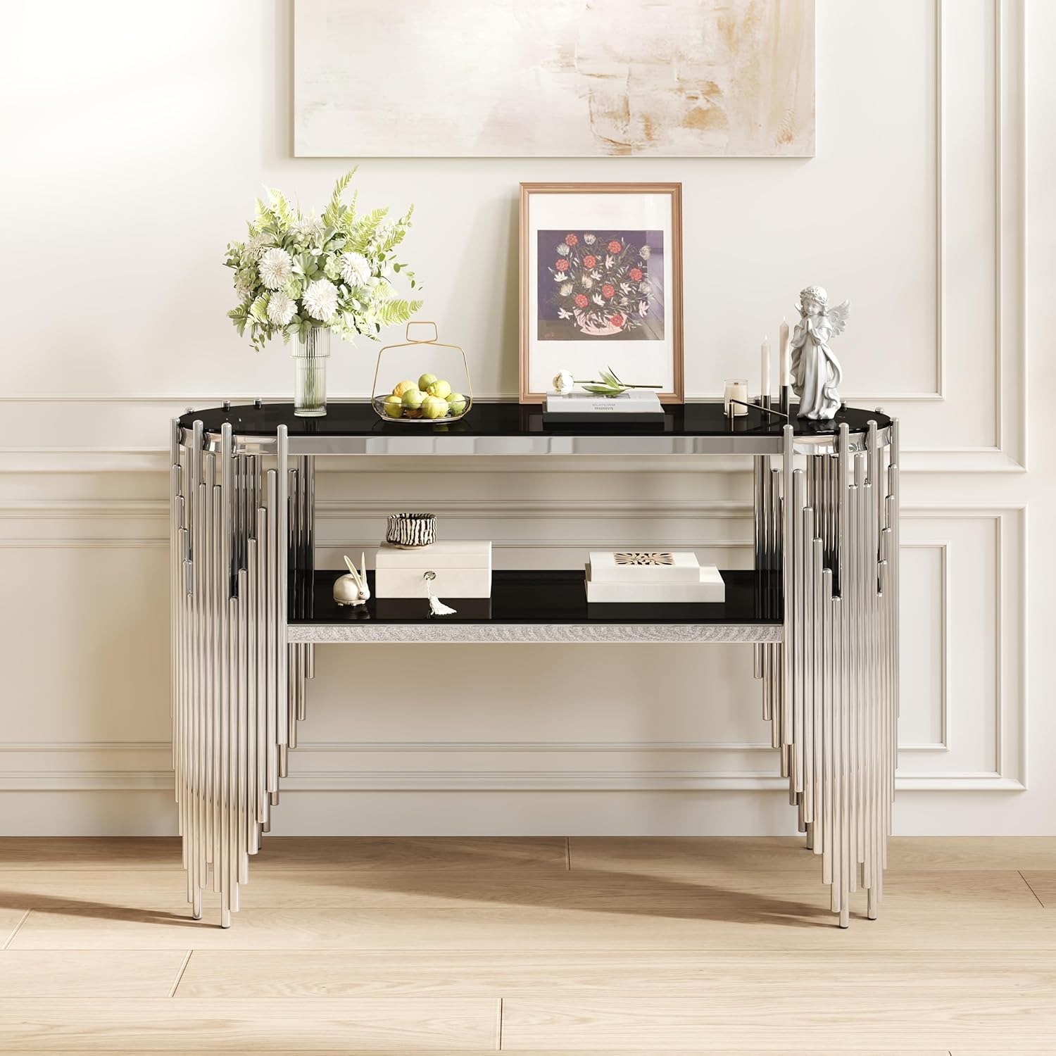 Modern Oval Console Table, 47 Inch Silver Sofa Tables with 2-Tier Black Tempered Glass Shelves & Polished Stainless Steel Frame Accent Side Table for Hallway Living Room (Silver+Black)