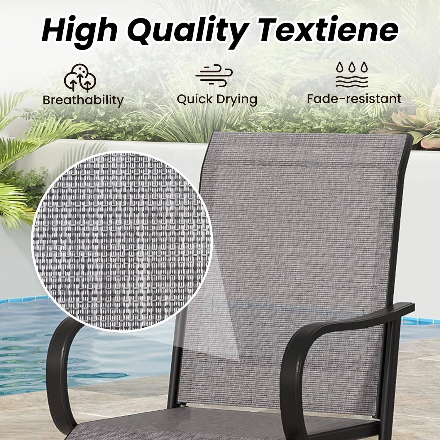 Patio Swivel Bar Stools Set of 4，All-Weather Outdoor High Bistro Stools with Textilene Fabric for Outside, Beach, Lawn, Poolside and Garden (Grey/Brown)