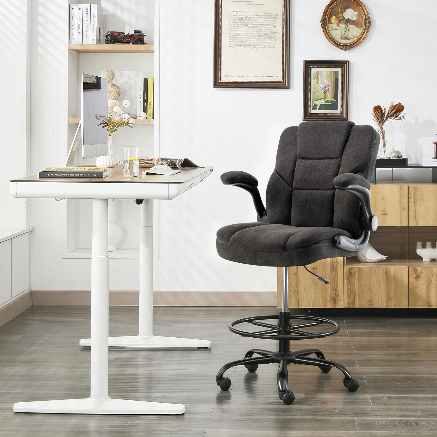 Drafting Chair 500Lbs, Tall Office Chair for Standing Desk, Fabric Executive Office Chair with Flip-up Armrests, Ergonomic High Chair with Adjustable Foot Ring, Comfy Stool Chairs, Black
