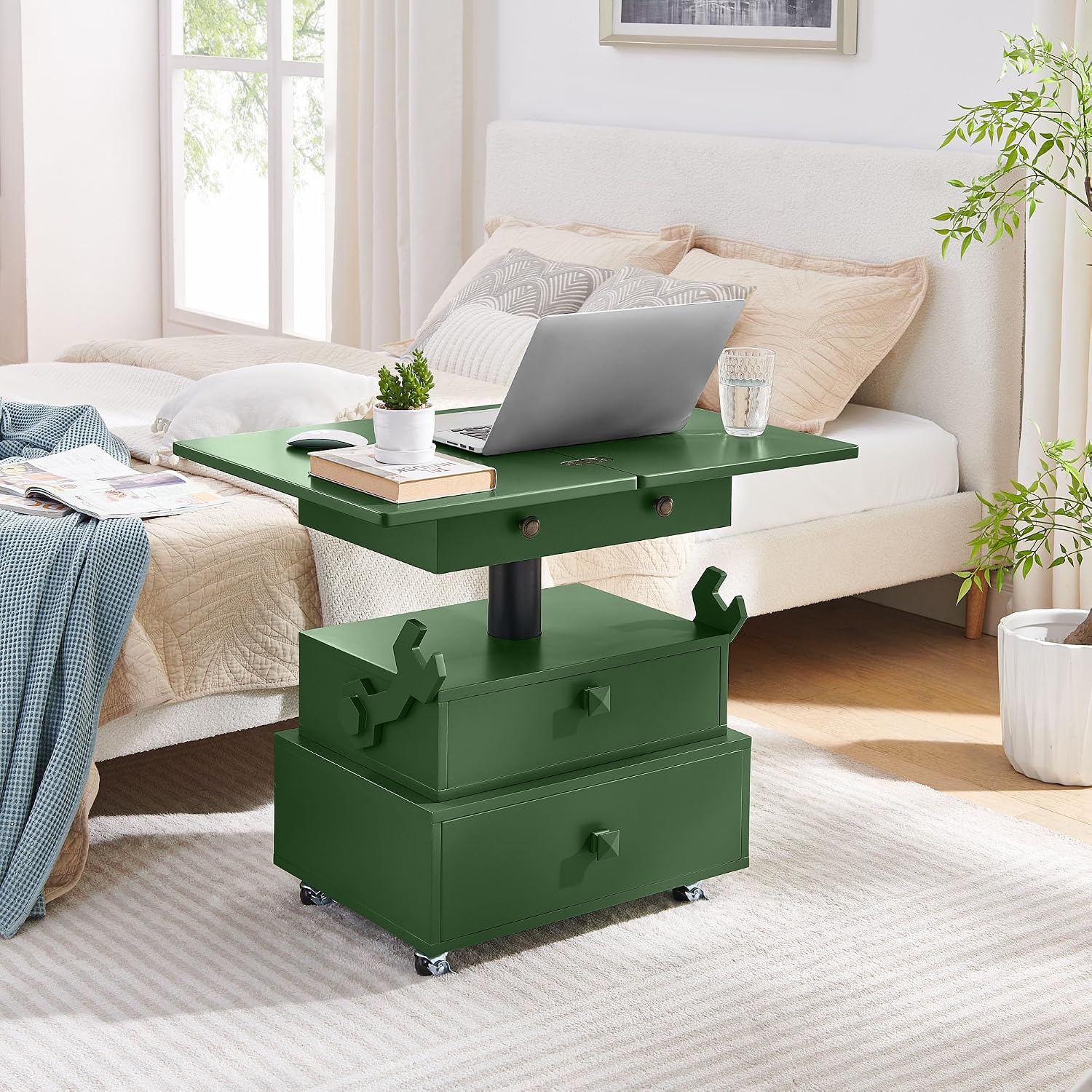 HRVEOCEI Lift Top End Tables with Storage Drawers & Charging Station, Green Side Tables with Wheels for Living Room Bedroom Small Spaces, Adjustable Hight| Flip Design| Easy Move (Green, Wood)