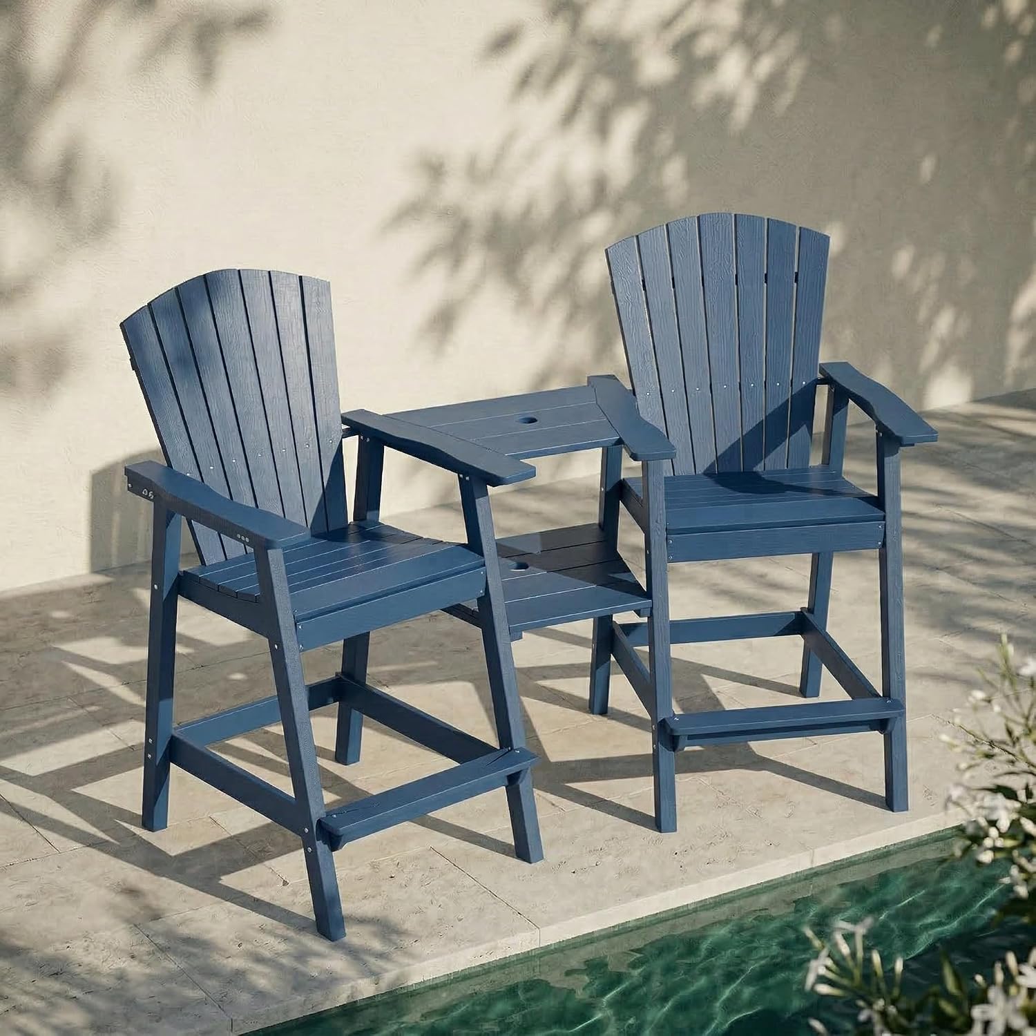 Kingdura Tall Adirondack Chairs Set of 2 with Removable Connecting Tray & 2" Umbrella Hole, Weather-Resistant HDPE Bar Height Outdoor Chairs, Wood-Look Balcony Bar Stools for Patio, Deck (Navy Blue)
