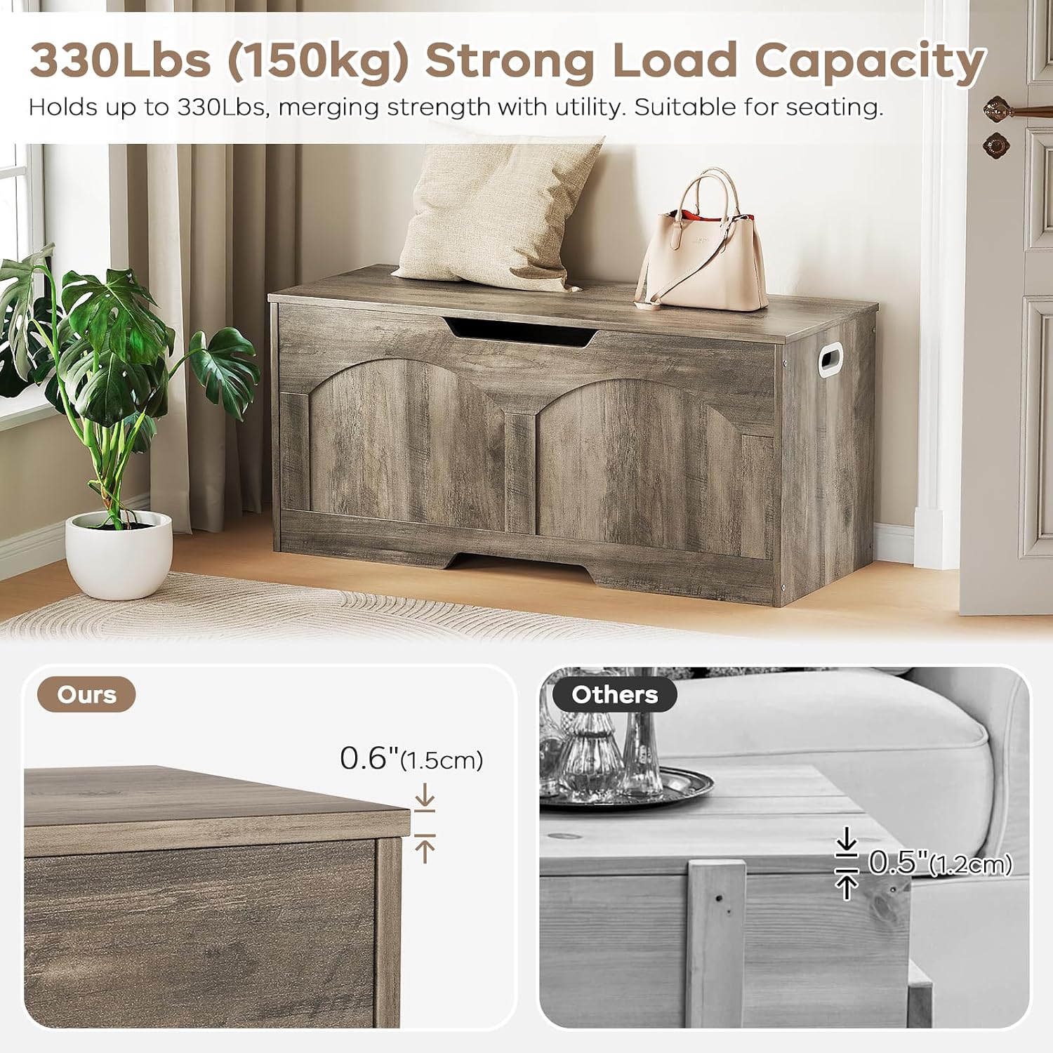 Storage Chest, 31.5" Retro Wooden Storage Trunk Bench with 2 Safety Hinges, Entryway Bench, U-Shaped Opening, Easy Assembly, 31.5" x 15.7" x 18.3" Storage Chest Box Organizer Bench, Light Greige