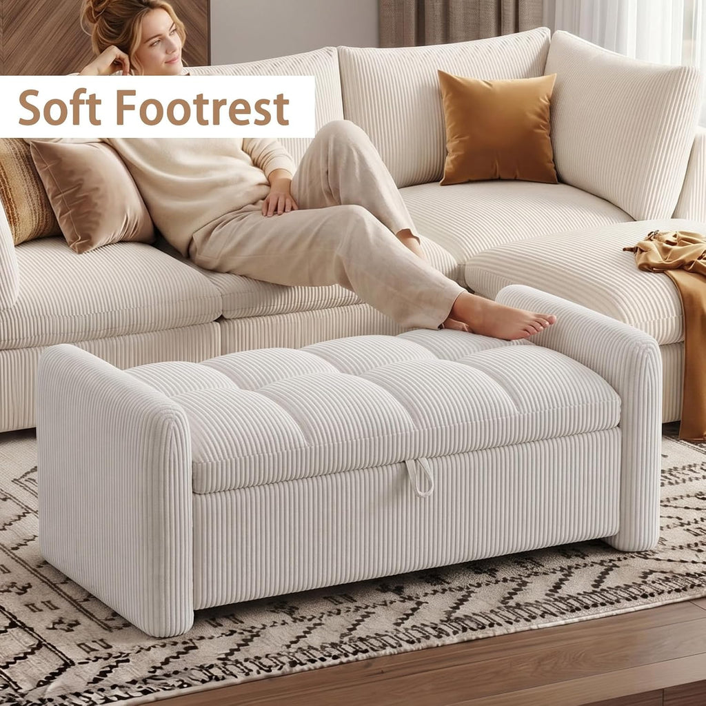 Storage Bench for Bedroom End of Bed, Upholstered Storage Ottoman Bench with Pillows for Foot of Bed, Bedroom,Living Room, Entryway, Corduroy White