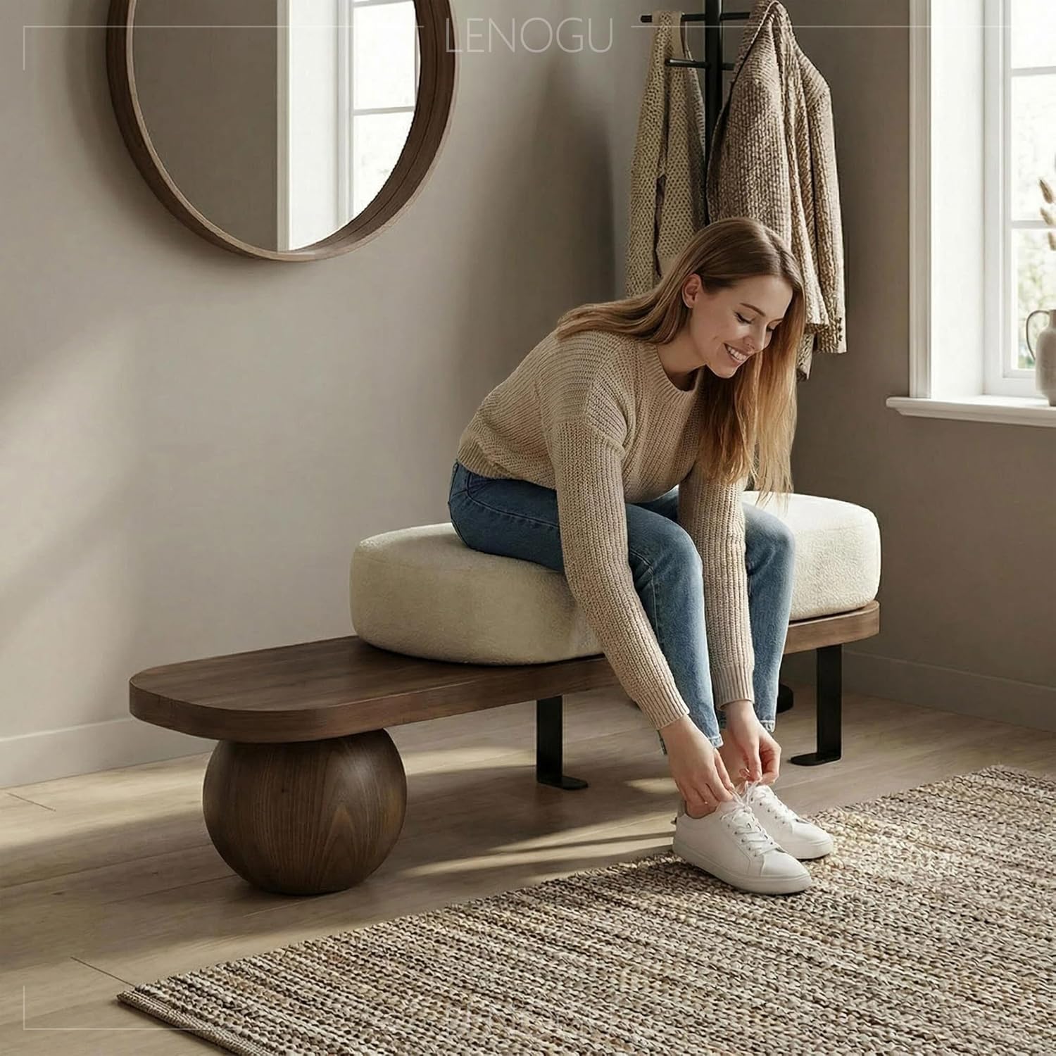 Modern Entryway Bench with Abstract Metal Leg,Wooden Boucle Bench,Upholstered End of Bed Bench,Shoe Changing Bench for Entryway Livingroom Bedroom (140cm/55)