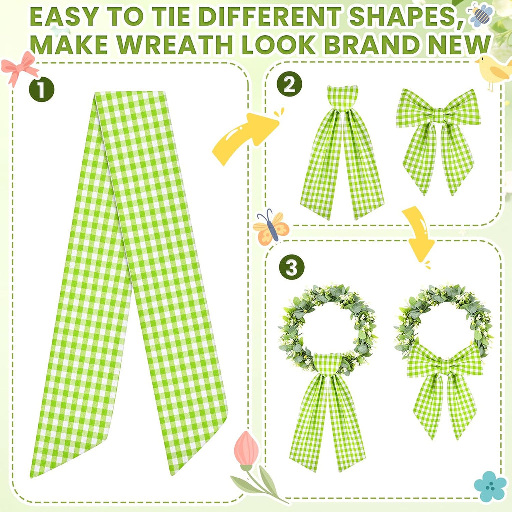 Spring Wreath Sash, 56 Inch Green and White Plaid Front Door Wreath Sash for Holiday Indoor Outdoor Decorations, 1 Pcs