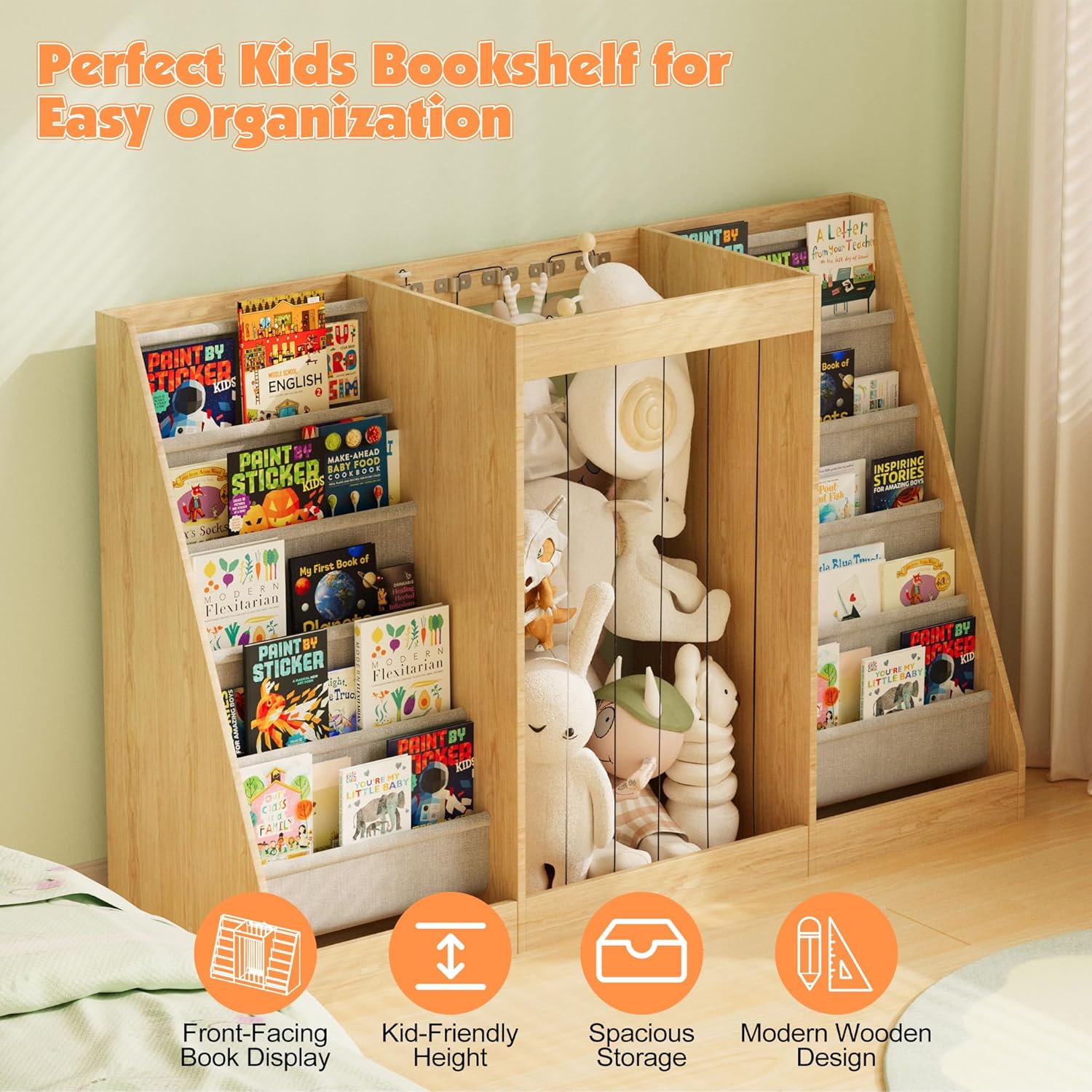 NACHES Montessori Kids Bookshelf with Toy Storage, Extra Book Display Shelves for Toddlers, Front-Facing Book Organizer for Nursery Playroom Bedroom (Natural Wood)