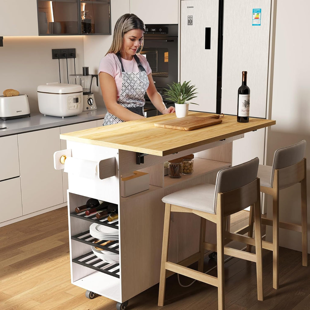ASTRONAPE Kitchen Island Cart with Drop-Leaf Countertop, Rolling Storage Cabinet with Microwave Stand, Towel Rack & Power Outlet, Mobile Buffet Cart on Wheels for Small Kitchen