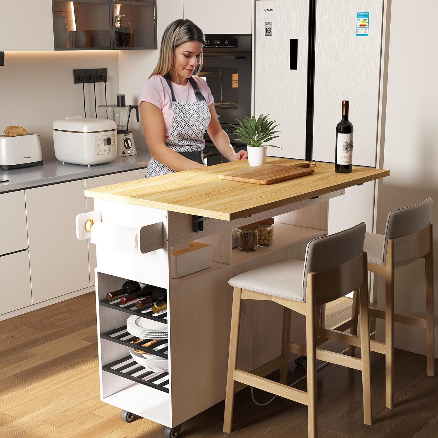 ASTRONAPE Kitchen Island Cart with Drop-Leaf Countertop, Rolling Storage Cabinet with Microwave Stand, Towel Rack & Power Outlet, Mobile Buffet Cart on Wheels for Small Kitchen