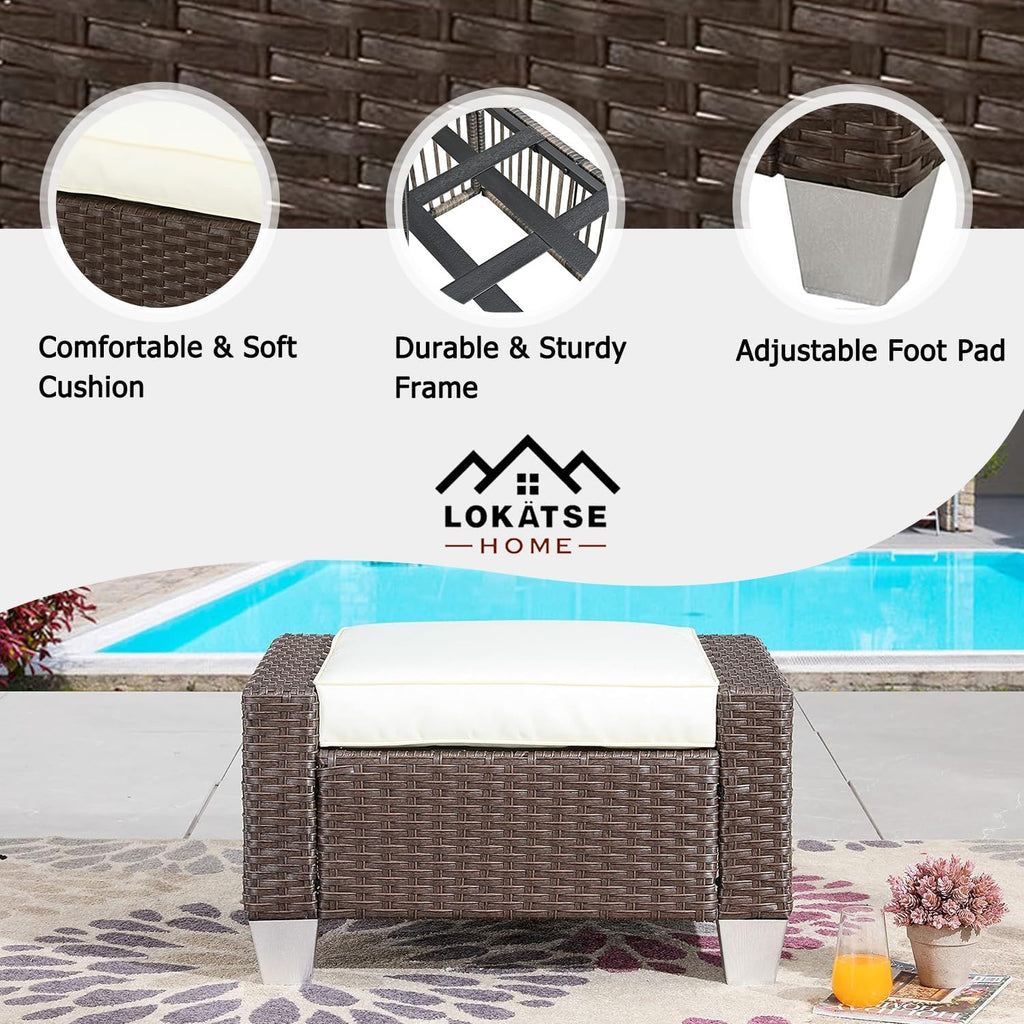 LOKATSE HOME Patio Wicker Ottoman Outdoor Footstool Rattan Small Seat Furniture with Soft Thick Cushion for Garden Yard Deck Poolside
