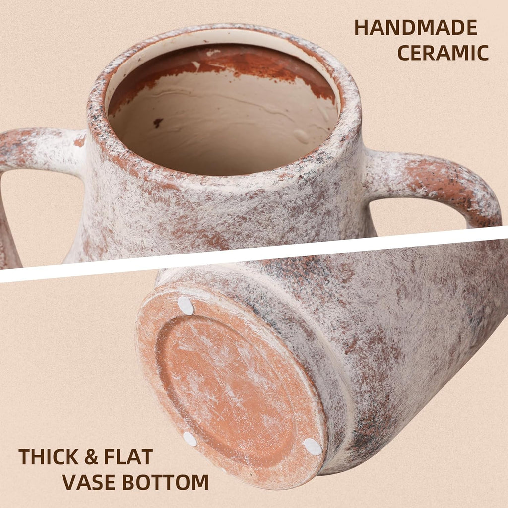 Ceramic Flower Vase with Handles, 11 in Tall Rustic Farmhouse Pottery Vases Decorative Large Vases for Living Room Entryway Kitchen Table Centerpieces Home Decor,Neutral