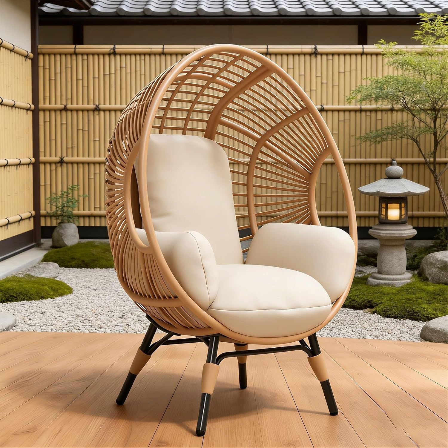 Wicker Chair Egg Shape Indoor, Outdoor Applicable, 400lbs Capacity, 8-Inch Cushion Balcony Chairs(Natural)