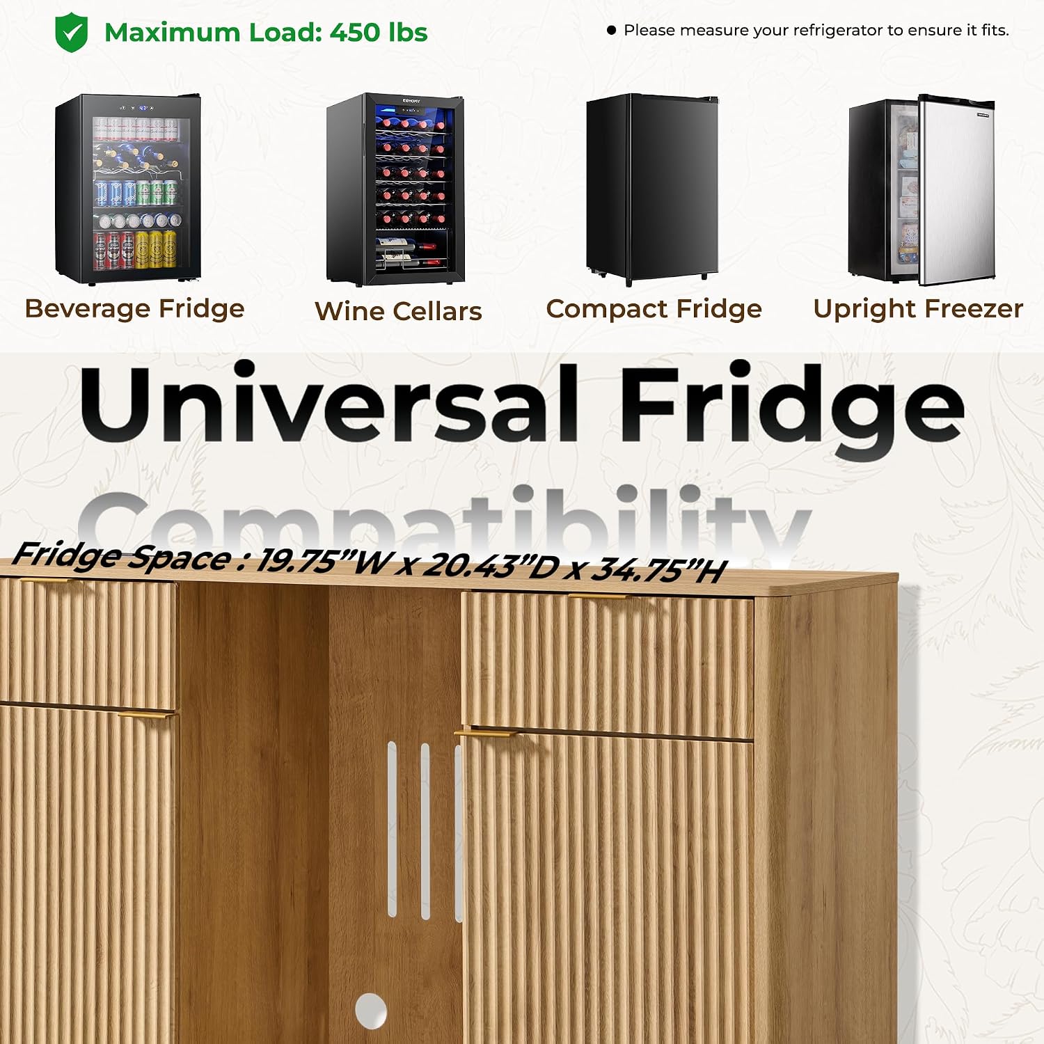 OKD 60" Fluted Coffee Bar Cabinet with Mini Fridge Space, Natural Oak | Mini Fridge Compatible, Built In Charging Station, 3 Stemware Racks, 2 Drawers, 2 Cabinets, Home Bar Cabinet Storage