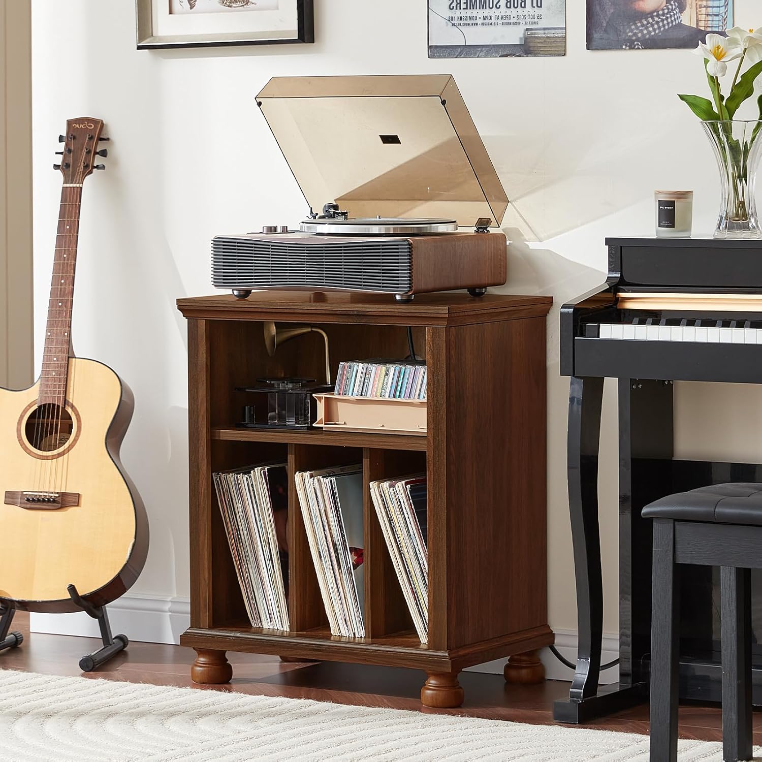 Joaxswe Record Player Stand with Charging Station Up to 200 Albums, 24" Wide Mid-Century Record Player Table with Vinyl Record Storage,Large Wood Turntable Stand Dispaly Cabinet for Living Room,Brown