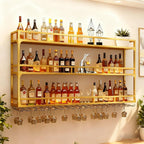 Wall Mounted Wine Rack, Floating Industrial Liquor Glass Holder 3 Tiers, Large Metal Wine Bottle Display Rack Hanging Shelf, for Home Bar Dining Room Decorative (Gold, 47.24x35.43x9.84in)