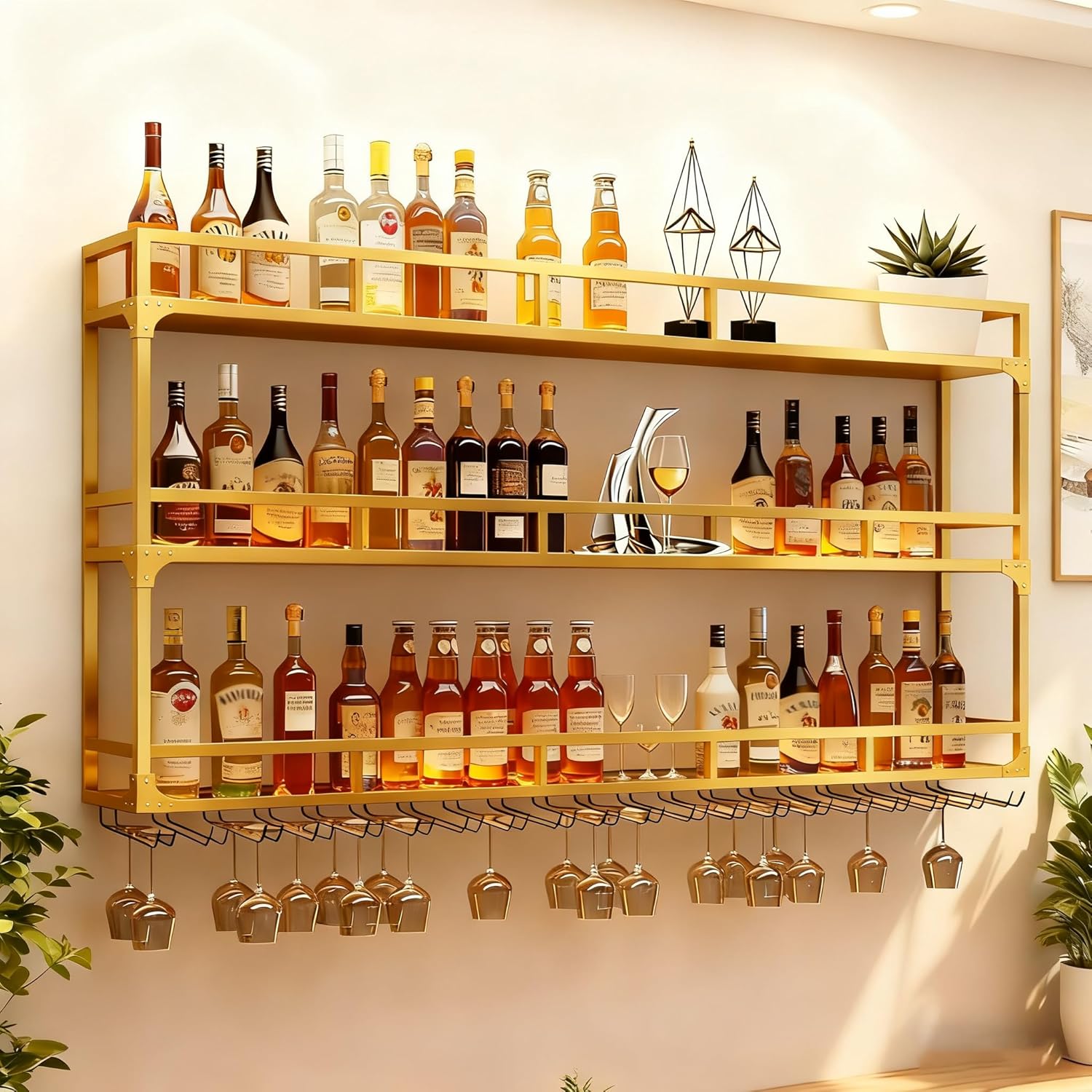 Wall Mounted Wine Rack, Floating Industrial Liquor Glass Holder 3 Tiers, Large Metal Wine Bottle Display Rack Hanging Shelf, for Home Bar Dining Room Decorative (Gold, 47.24x35.43x9.84in)