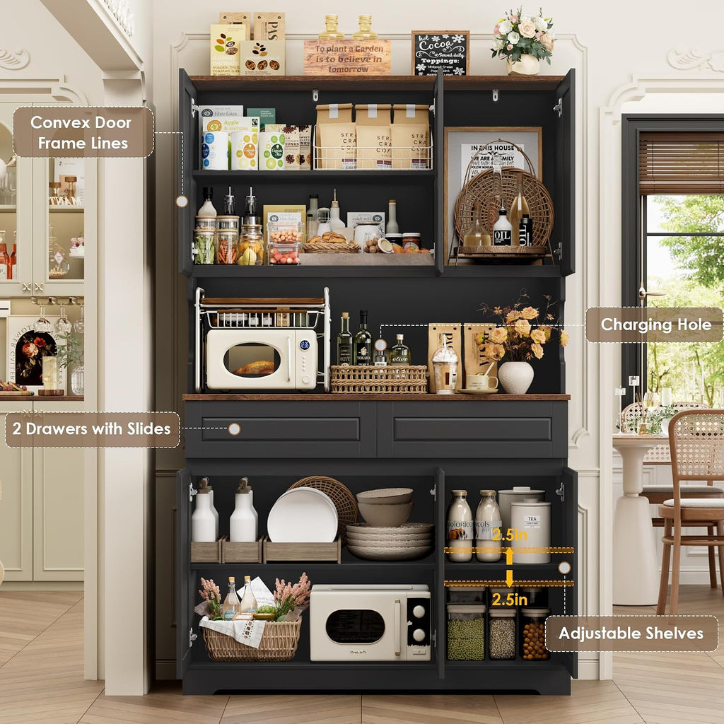 FACBOTALL 74" Pantry Cabinet, Tall Kitchen Pantry Cabinet with 6 Doors and 2 Drawers, Kitchen Hutch with Wide Countertop, Modern Kitchens Cupboard with Adjustable Shelves and Charge Holes, Black