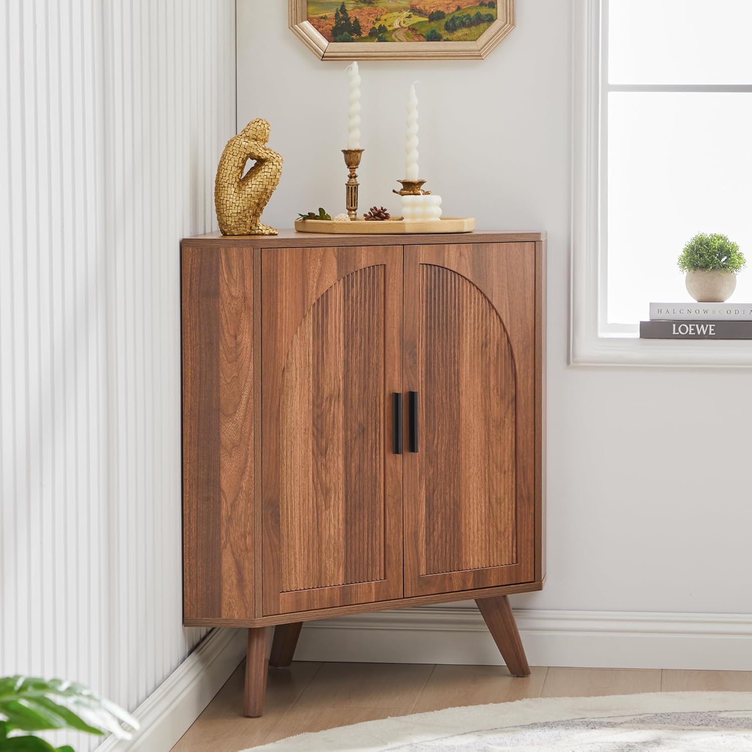 BERRYMERRY Fluted Corner Cabinet with Storage,Space Saving Corner Floor Cabinet with Adjustable Shelve & Arched Profile Door for Living Room Kitchen Bathroom (Brown, 15.7”D x 31.5”W x 30.7”H)