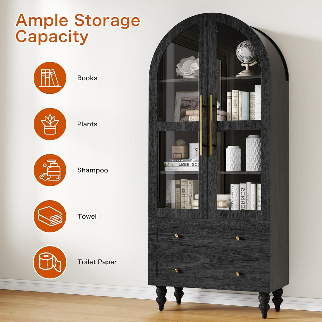 Shintenchi Tall Arched Kitchen Pantry, Modern Farmhouse Wood Kitchens Storage Cabinet with Glass Doors & Adjustable Shelves and 2 Large Drawers,Versatile Cupboard for Kitchen, Dining Room, Black