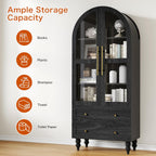 Shintenchi Tall Arched Kitchen Pantry, Modern Farmhouse Wood Kitchens Storage Cabinet with Glass Doors & Adjustable Shelves and 2 Large Drawers,Versatile Cupboard for Kitchen, Dining Room, Black