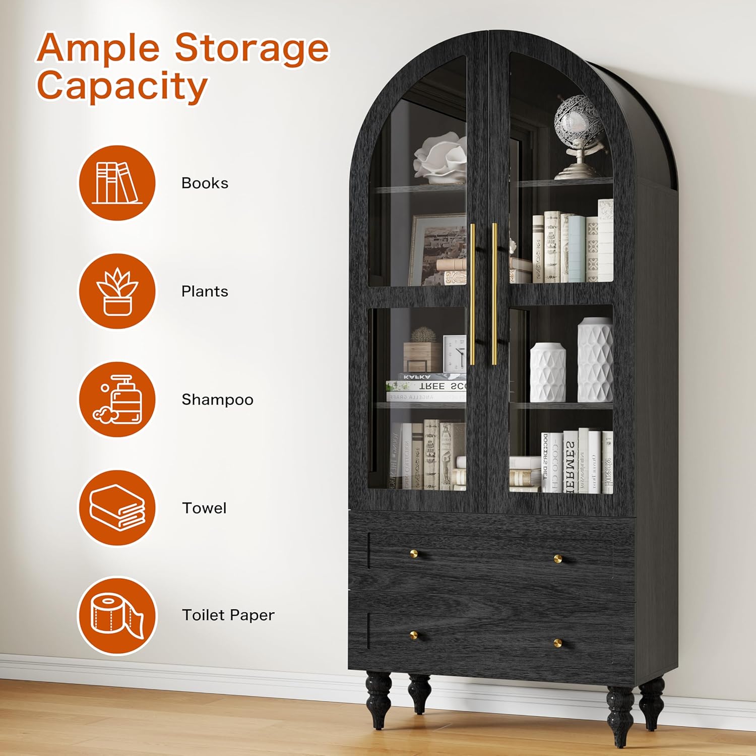 Shintenchi Tall Arched Kitchen Pantry, Modern Farmhouse Wood Kitchens Storage Cabinet with Glass Doors & Adjustable Shelves and 2 Large Drawers,Versatile Cupboard for Kitchen, Dining Room, Black