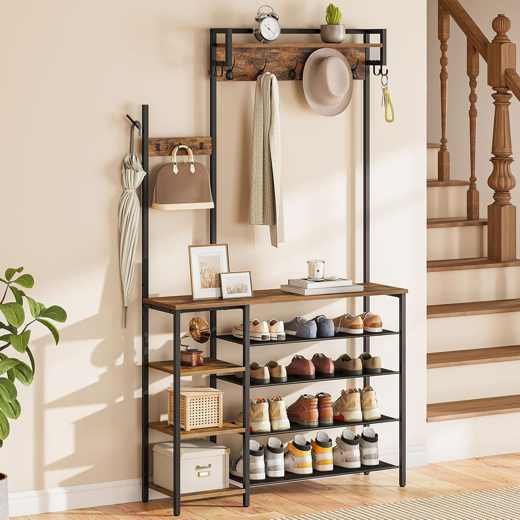 HOOBRO Hall Tree with Bench, Entryway Bench with Coat Rack, Shoe and Coat Rack for Entryway, Coat Rack with Shoe Storage and Reversible Storage Shelves, Rustic Brown BF105MT01