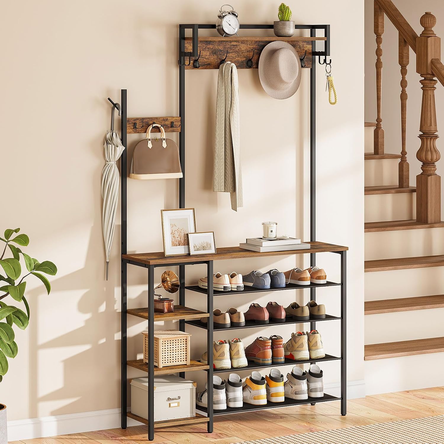 HOOBRO Hall Tree with Bench, Entryway Bench with Coat Rack, Shoe and Coat Rack for Entryway, Coat Rack with Shoe Storage and Reversible Storage Shelves, Rustic Brown BF105MT01