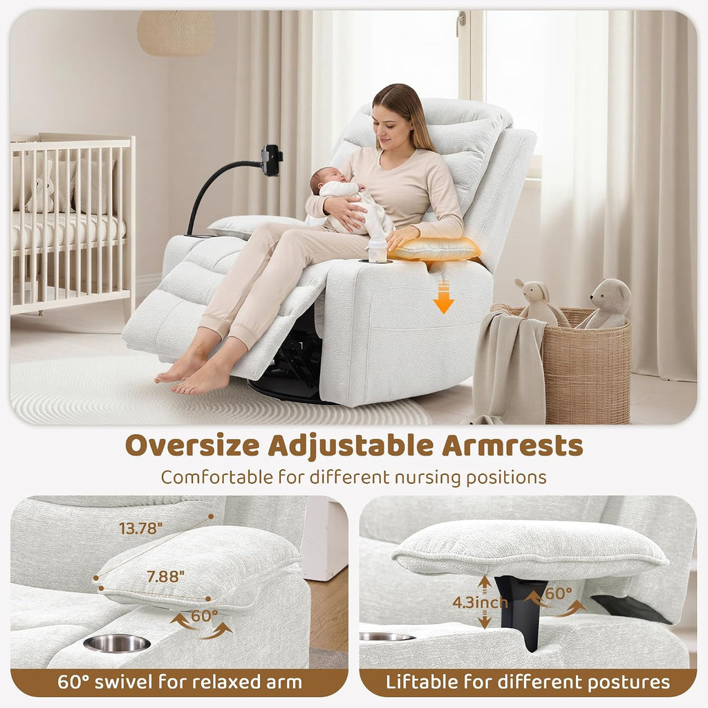 Olela Power Glider Recliner Nursery Chair, Swivel Rocking Chair with Electric Lumbar Support, USB Charging, Smart Cup Holder, Light, Adjustable Armrest, Wireless Phone Charger Holder, Chenille
