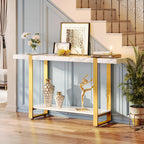 Huuger 47.2 Inch Entryway Table with Marble Top, 2-Tier Modern Console Sofa Table with Storage, Accent Table, for Entry, Hallway, Entrance, Foyer, T-Shaped Metal Frame, White Marble & Gold