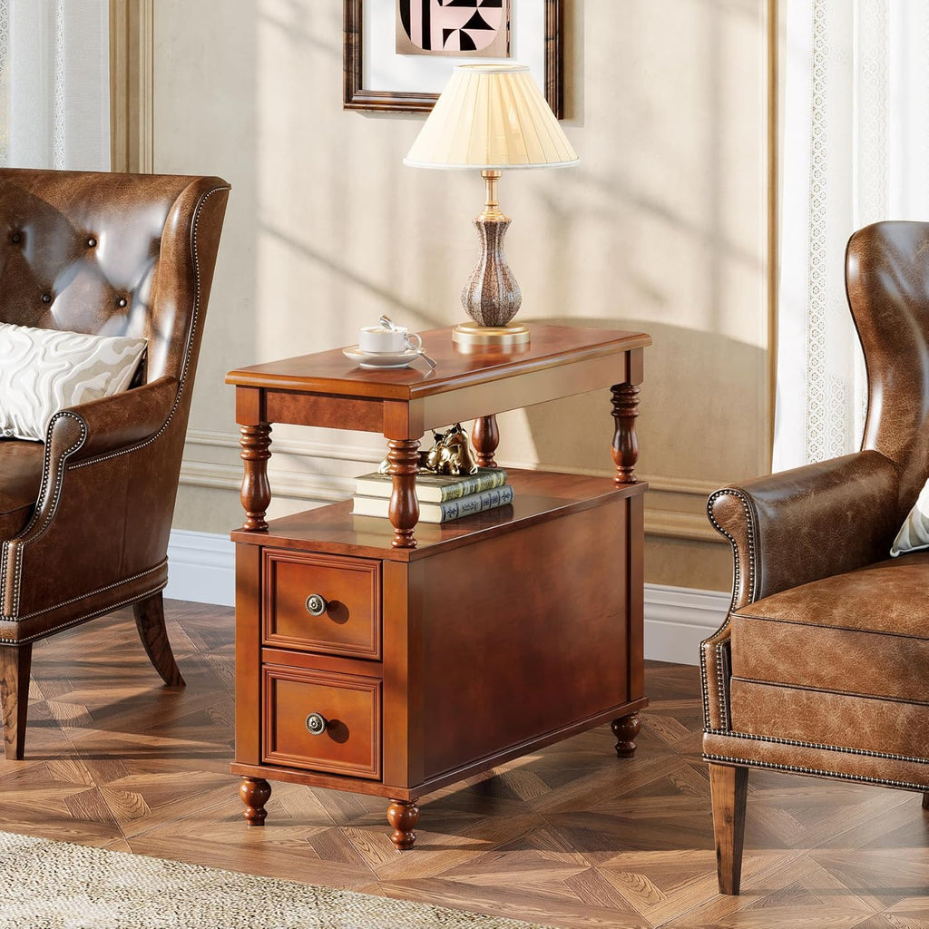 Tribesigns Cherry Finish Wood End Table with 2 Drawers, Mid-Century Wooden Slim Side Table Nightstands with Storage Shelf, Accent Table for Living Room, Easy to Assemble (Walnut)