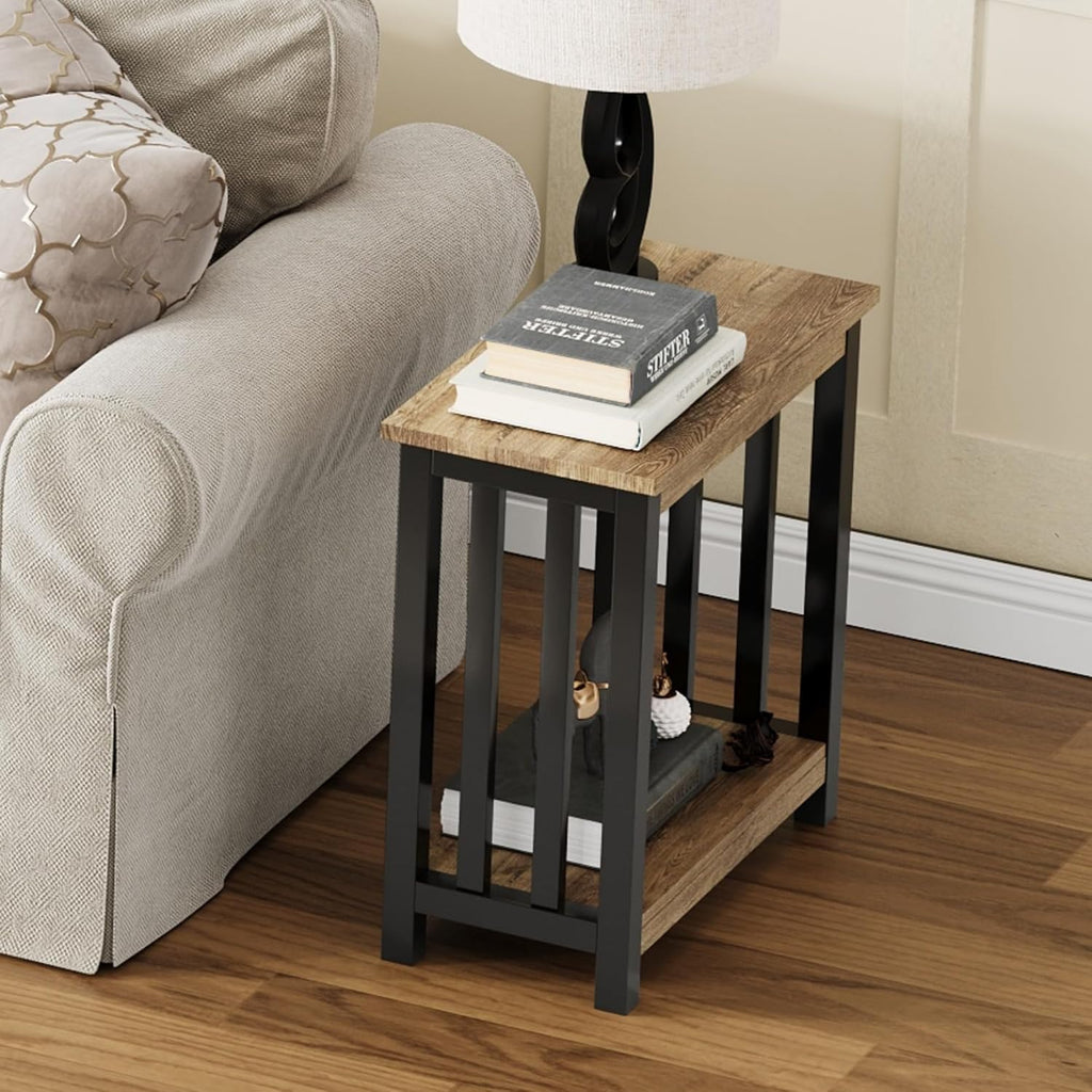 ChooChoo Mission End Table, Narrow Side Table for Small Spaces, Night Stand with Storage Shelf for Living Room and Bedroom, Rustic Oak & Black