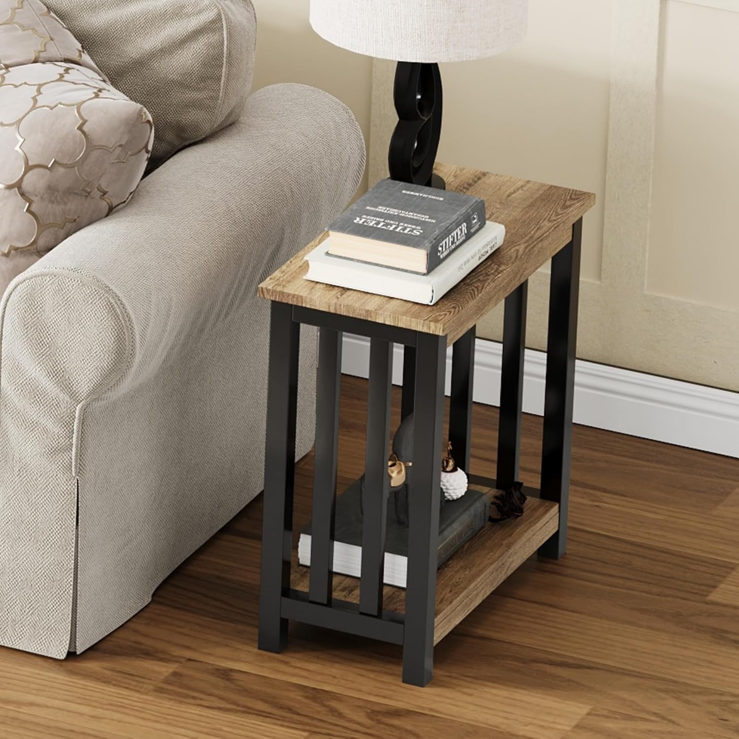 ChooChoo Mission End Table, Narrow Side Table for Small Spaces, Night Stand with Storage Shelf for Living Room and Bedroom, Rustic Oak & Black