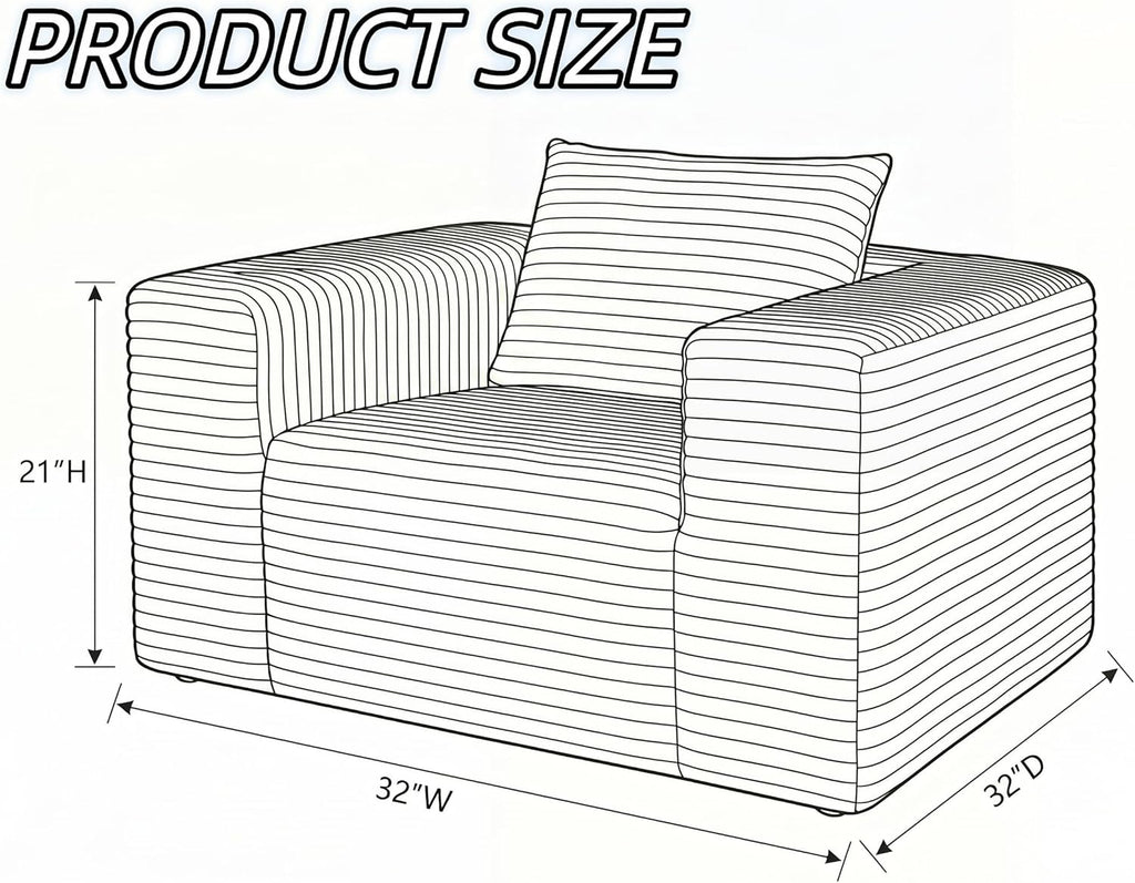Mini Boneless Single Sofa Chair, Corduroy Cloud Couch with Pillow & Wide Armrests, High-Density Foam Reading Lounge for Living Room & Bedroom – No Assembly Required, Black