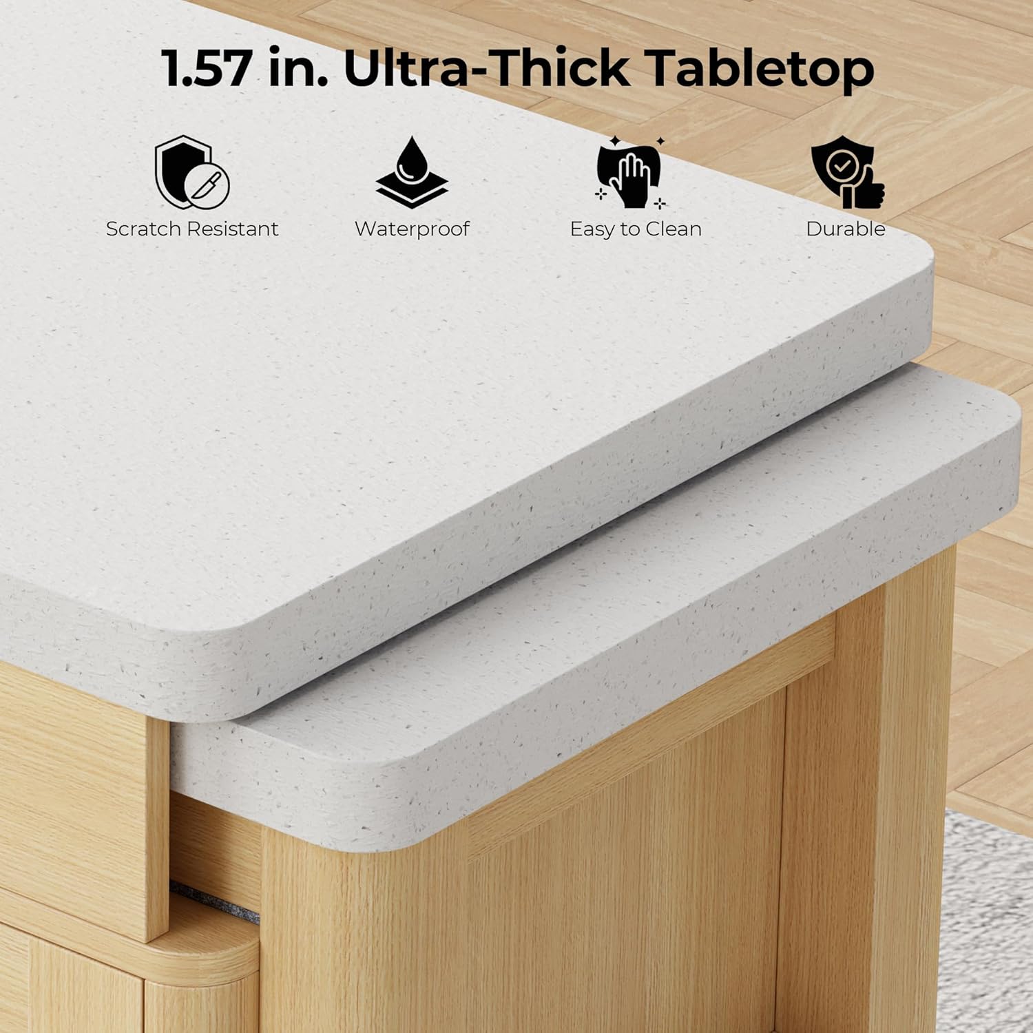 IRONCK 78.7" Kitchen Island with Extendable Dining Table, Rolling Kitchen Cart on Wheels with Quartz Laminate Top, Storage Cabinet, Spice Rack, Shelf & Drawer for Dining Room (Oak)
