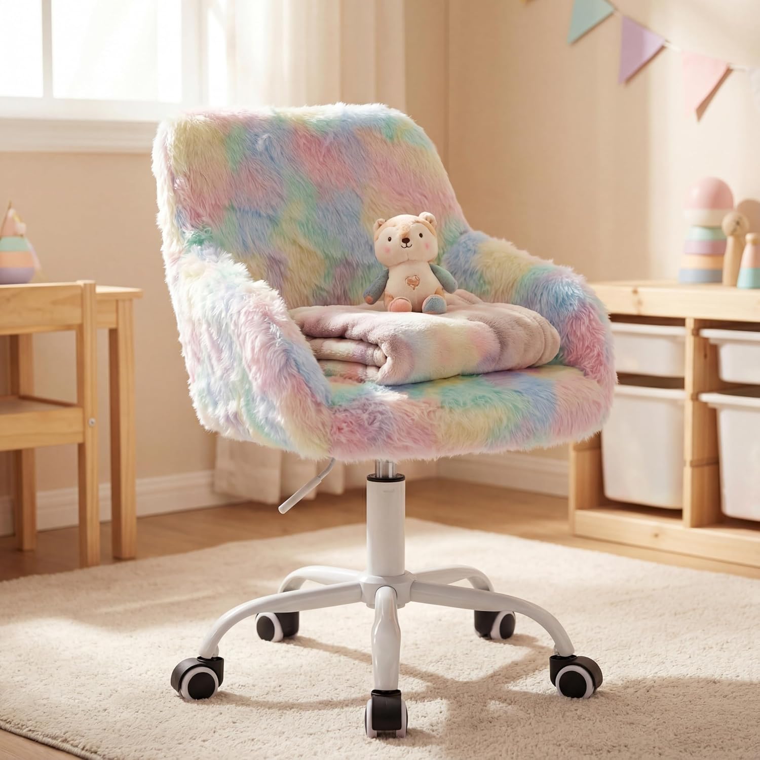 LukeAlon Kids Adjustable Desk Chair, Furry Study Chair with Swivel Base, Cute Faux Fur Reading Chair, Comfy Upholstered Computer Chair with Arms for Girls Children, Light Colorful