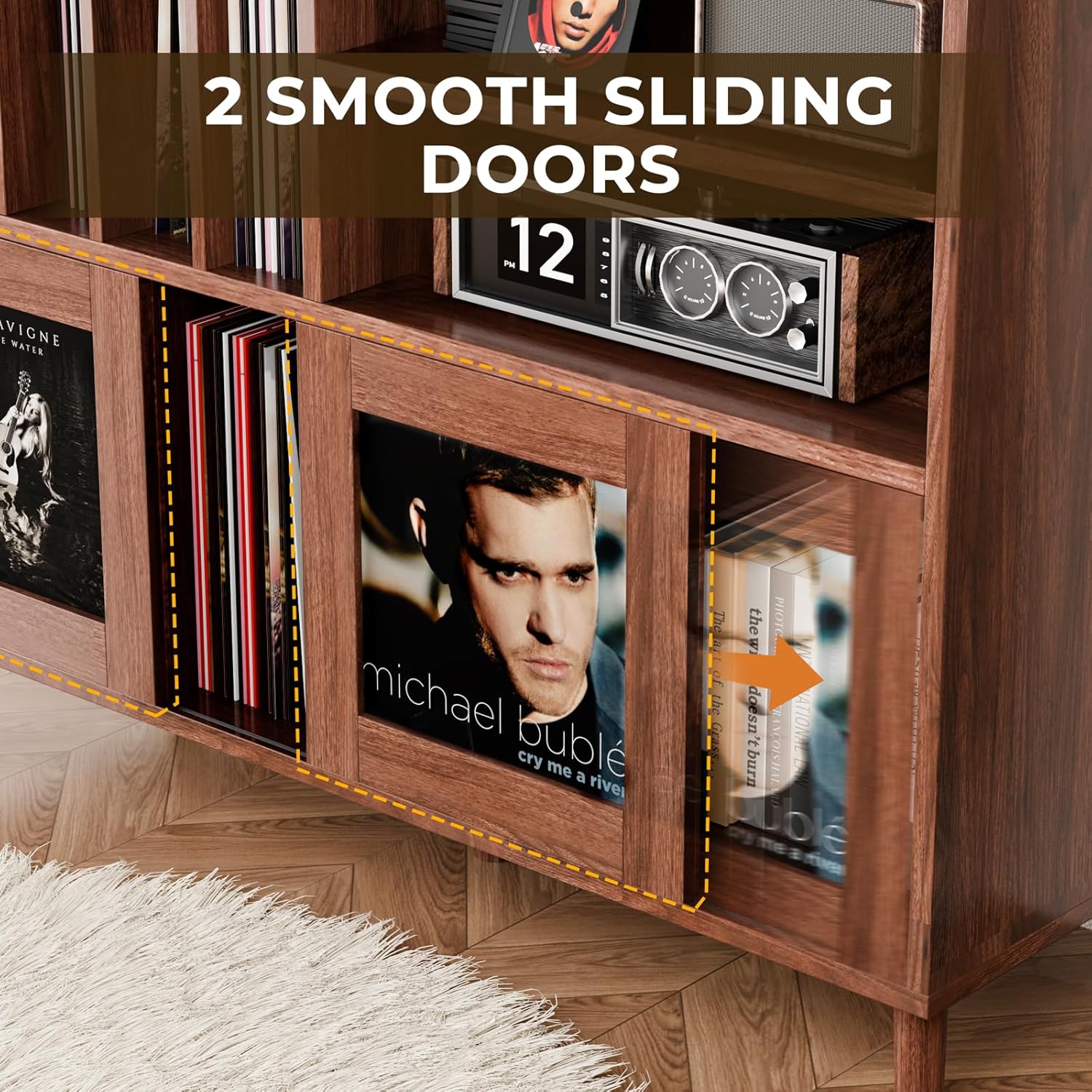 XL Record Player Stand with Sliding Doors, 500+ Vinyl Record Storage Cabinet with Charging Station & USB Ports, Mid Century Modern Record Player Table,Turntable Stand with Wood Legs for Living Room