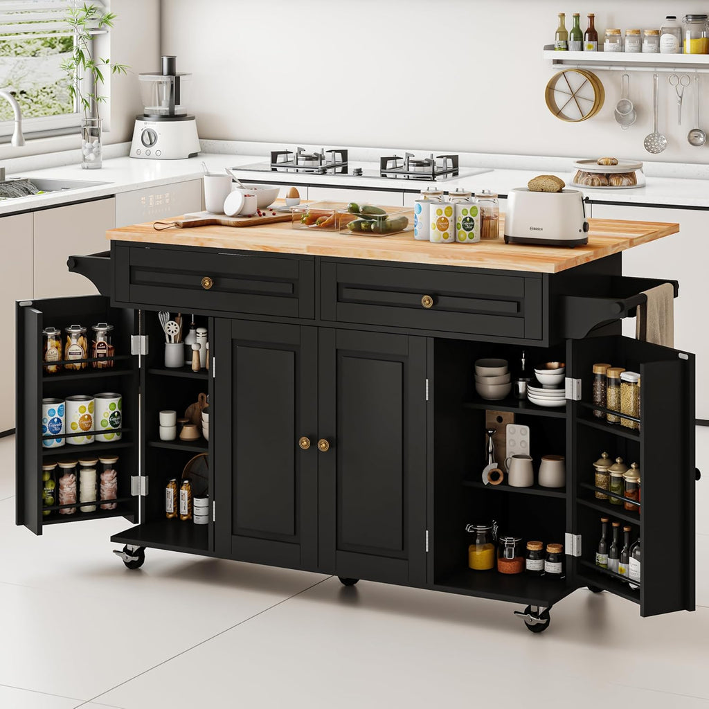JassmiPkwy 59’’ Rolling Kitchen Island Cart with Drop Leaf and Power Outlet, Movable Kitchen Islands with 3-Tier Door Storage Shelf, Island Table on Wheels, 2 Large Drawers, Towel Racks, Black