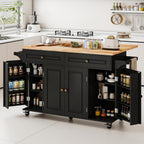 JassmiPkwy 59’’ Rolling Kitchen Island Cart with Drop Leaf and Power Outlet, Movable Kitchen Islands with 3-Tier Door Storage Shelf, Island Table on Wheels, 2 Large Drawers, Towel Racks, Black