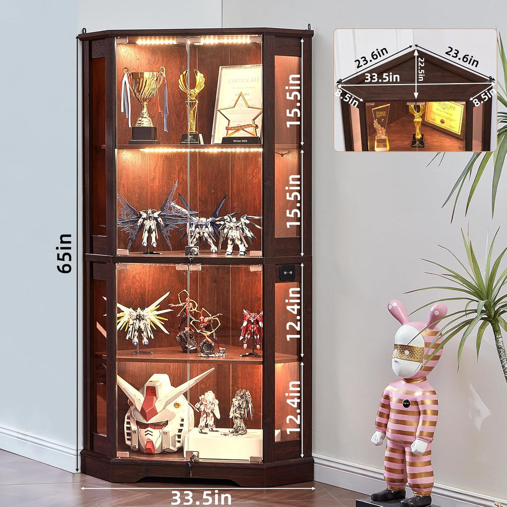 LELELINKY Farmhouse Corner Display Cabinet with Glass Doors, Corner Curio Cabinet with 3-Color LED Motion-Sensor Light, Reinforced Base, Walnut