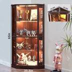 LELELINKY Farmhouse Corner Display Cabinet with Glass Doors, Corner Curio Cabinet with 3-Color LED Motion-Sensor Light, Reinforced Base, Walnut