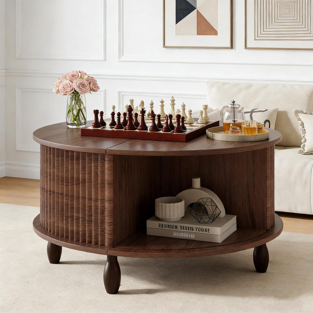 Small Round Coffee Table with Storage, 31.5" Mid Century Modern Coffee Tables with 180° Sliding Cabinet Door, Fluted Circle Drum Center Table for Living Room Small Space, Walnut