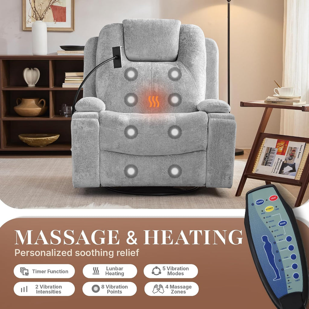 Oversized Power Rocker Recliner Chair, Swivel Glider Rocking Chair for Adults with Massage and Heat, Nursery Glider Recliner with Adjustable Headrest and Phone Stand