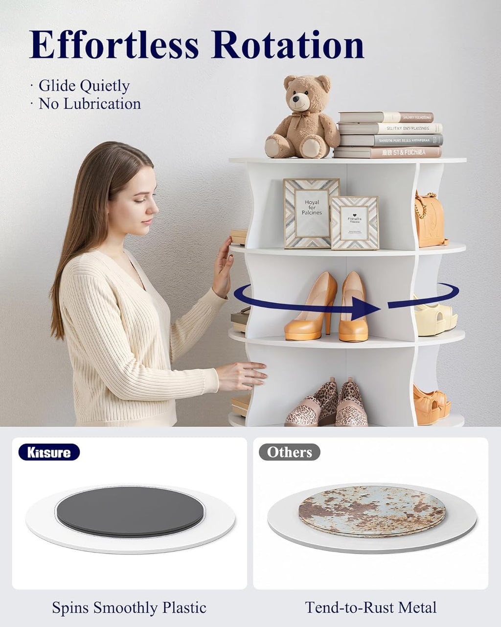 Kitsure Shoe Rack - 7-Tier Rotating Shoe Rack Tower, 360° Revolving Display & Storage Solution with Lazy Susan, Space-Saving Shoe Rack for Entryway, Closet, Bedroom, White