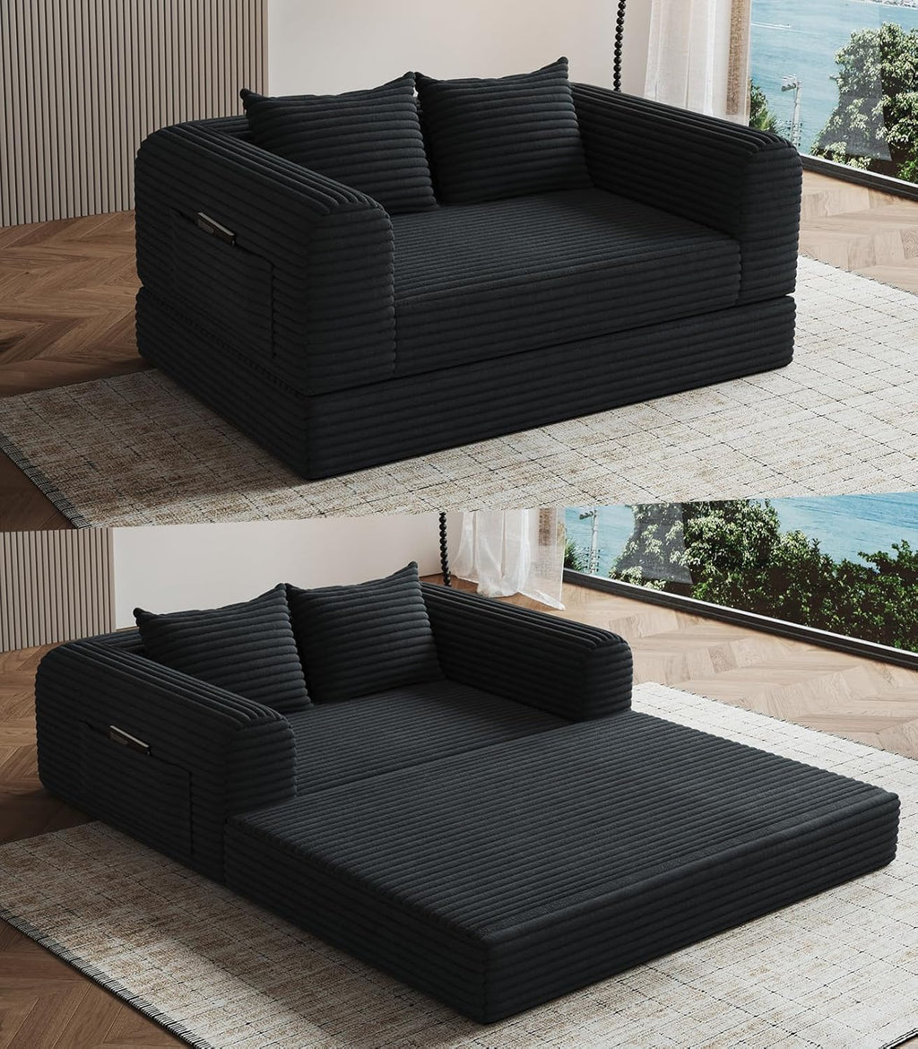 Versatile Loveseat Boneless Oversized Chair Convertible Sleeper Sofa Bed with Back Support Chaise Lounge Chair Indoor for Adult Teen, Comfy Futon Floor Folding Couch for Living Room Bedroom, Black