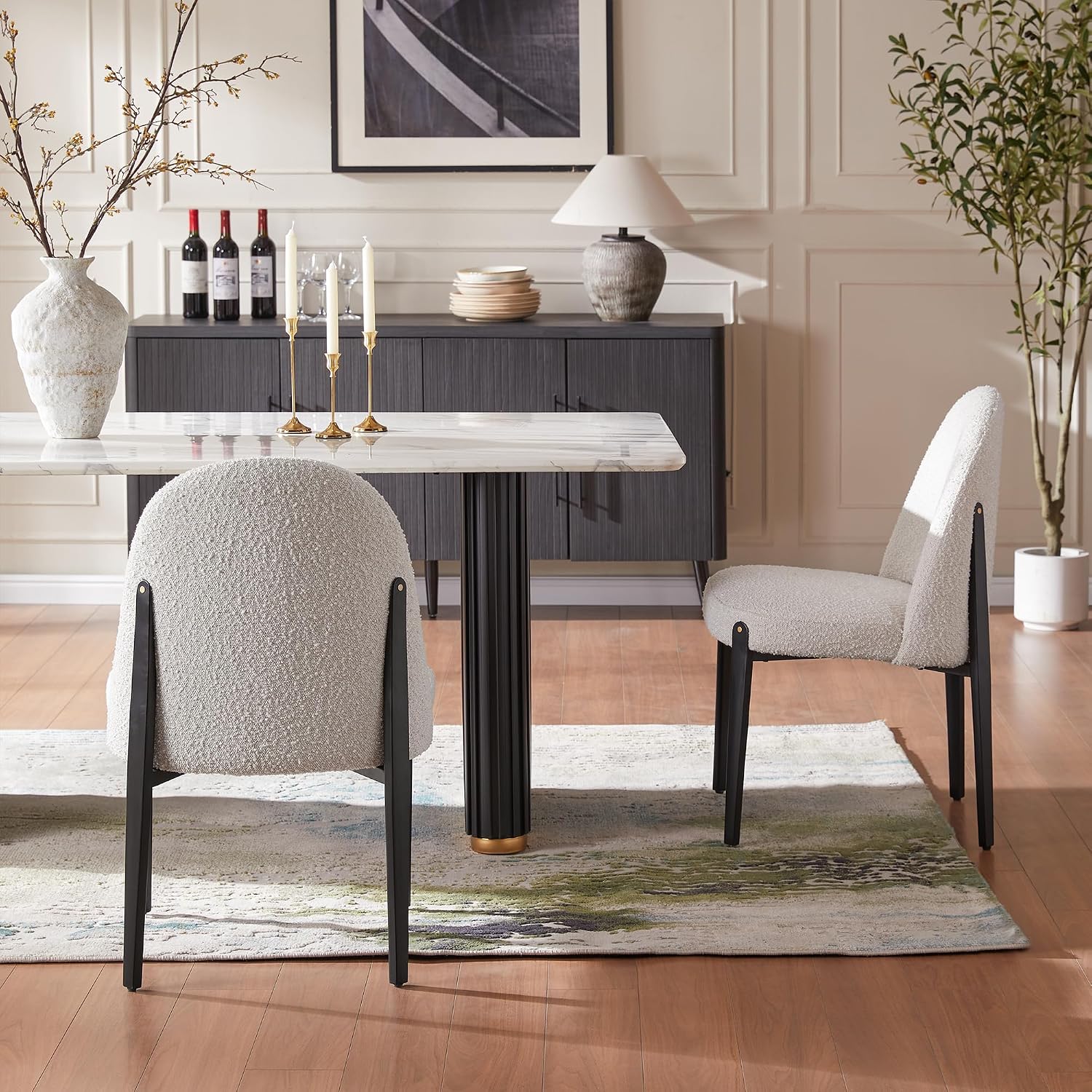 Morden Fort Boucle Dining Chairs Set of 4, Thick Upholstered Chairs with Metal Legs & Curved Backrest, Post Modern Minimalist Chair for Dining Room, Kitchen, Living Room, Bedroom, Apartments, White