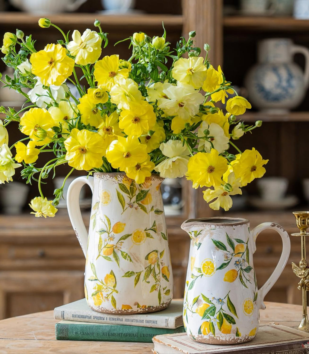 Vintage Lemon Ceramic Vase with Handle, Retro Ice Glazed Crack Farmhouse Pitcher Vase for Home Decor, Living Room, Shelf, Office, Rustic Table Centerpiece 7 Inch