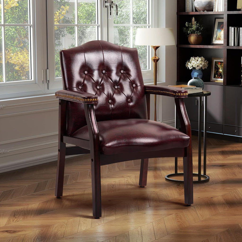 Leather Office Guest Chairs Set of 2, Ergonomic Waiting Room Chair with Arms Reception Chairs No Wheels Conference & Meeting Side Chairs Executive Furniture (Burgundy)