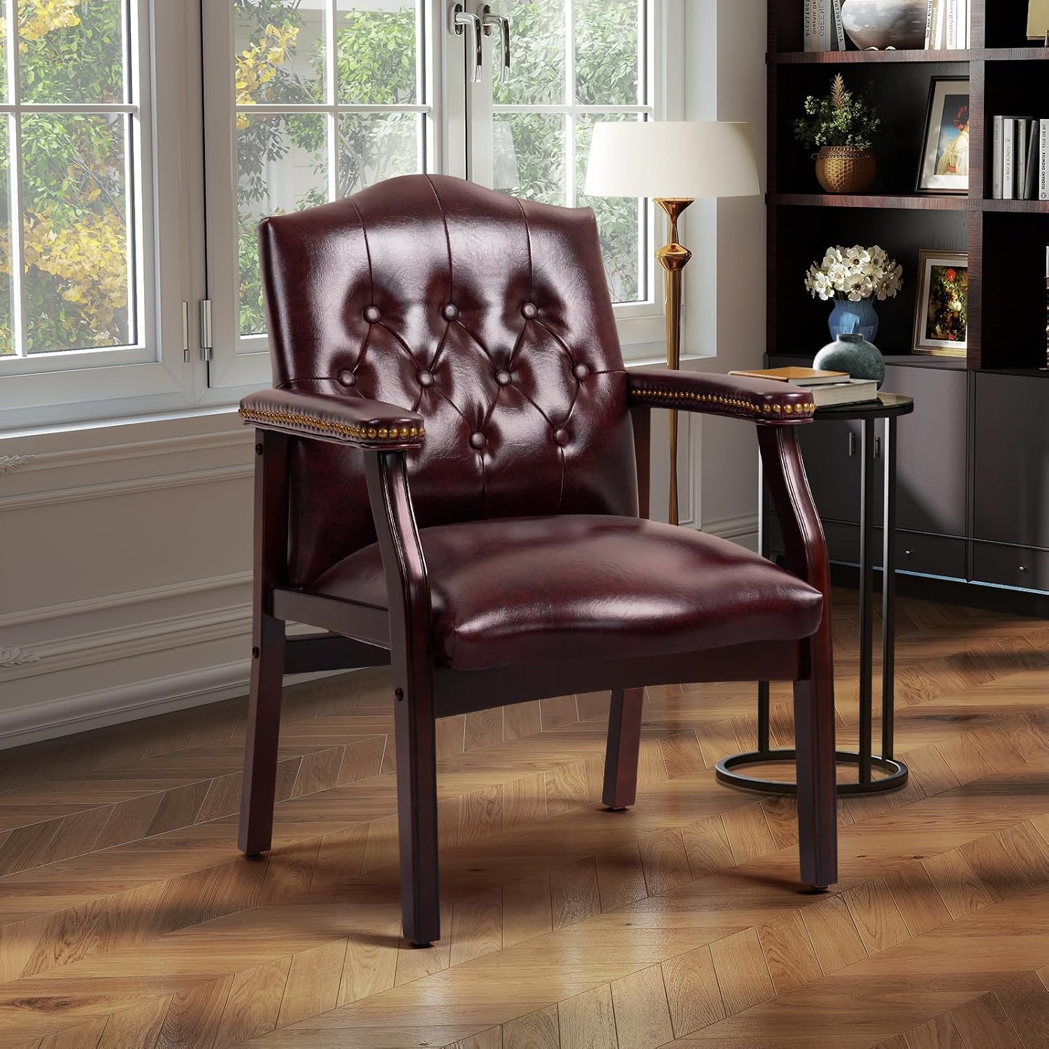 Leather Office Guest Chairs Set of 2, Ergonomic Waiting Room Chair with Arms Reception Chairs No Wheels Conference & Meeting Side Chairs Executive Furniture (Burgundy)