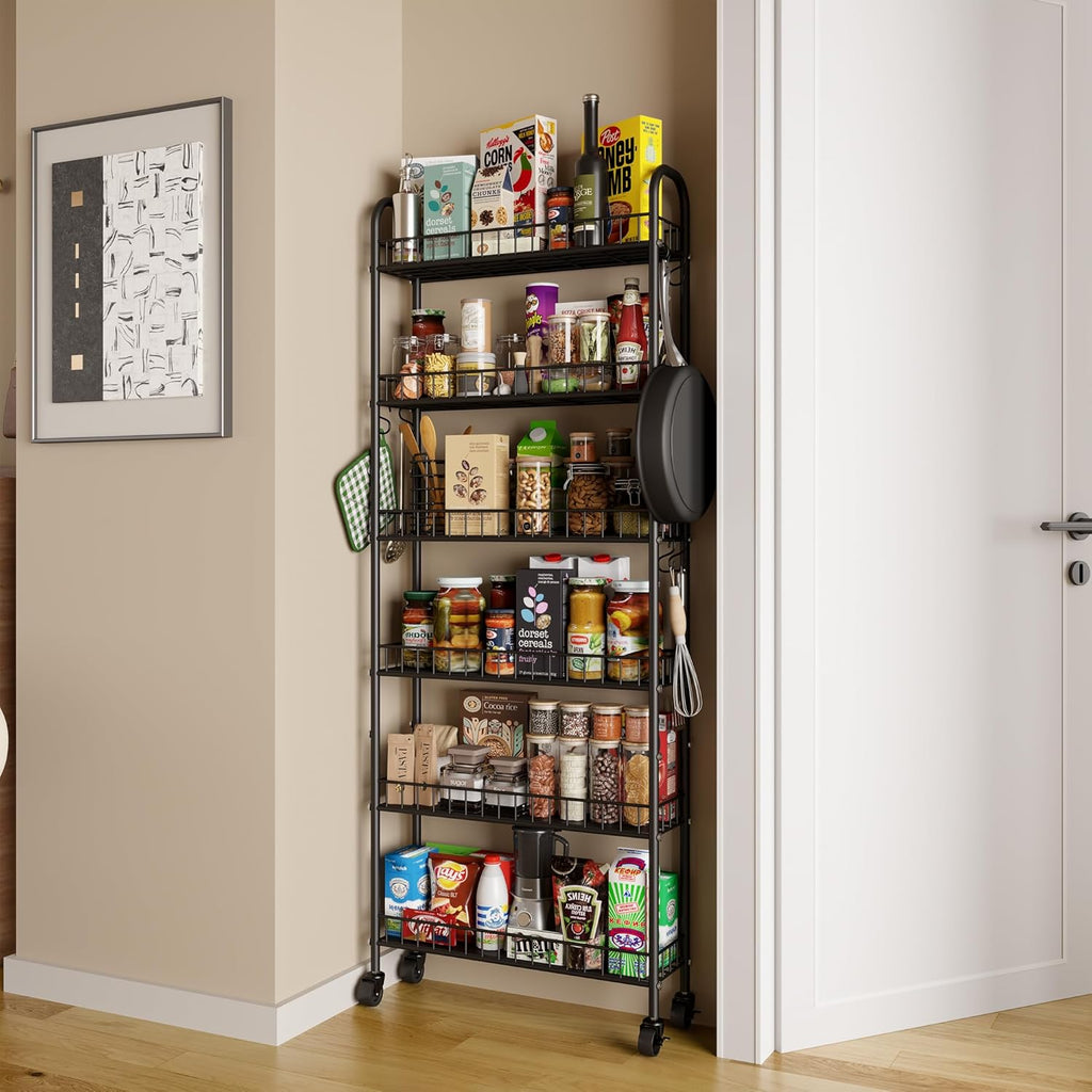 Slim Rolling Storage Cart with Wheels, Metal 6 Tier Spice Rack Mobile Shelving Unit Organizer Kitchen Utility Cart for Office Bathroom Kitchen Laundry Room Narrow Places (6inches)